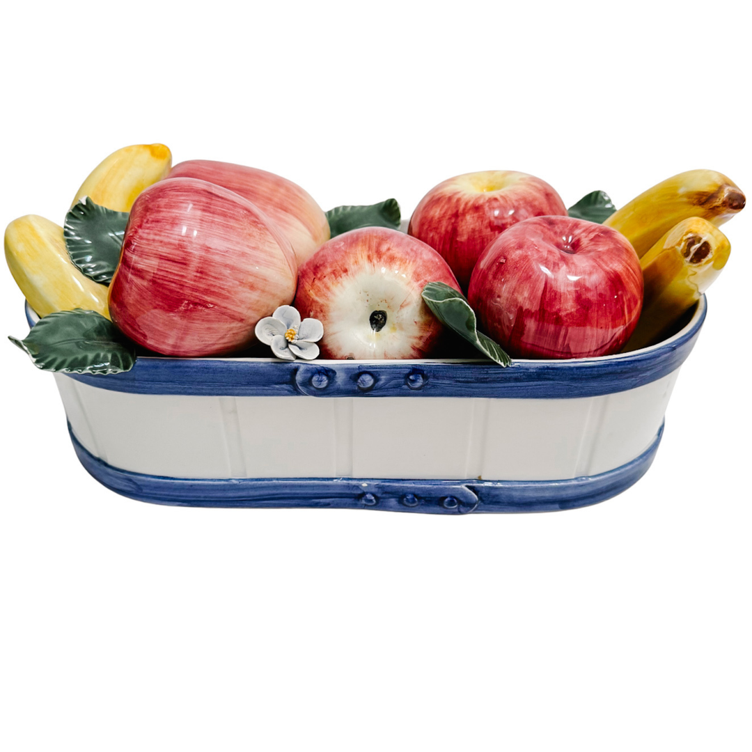 Italian Glazed Ceramic Apples & Bananas Basket Topiary Centerpiece