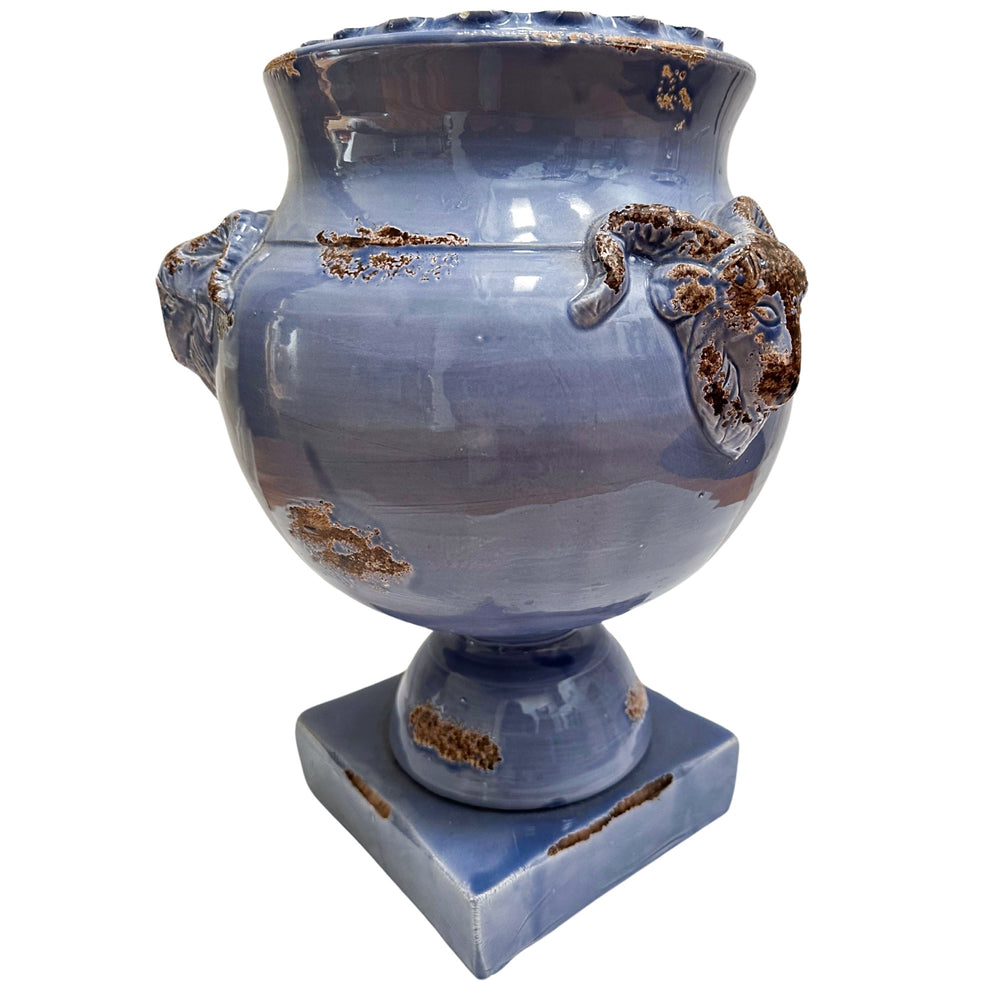 Italian Glazed Pedestal Planter With Ram Heads