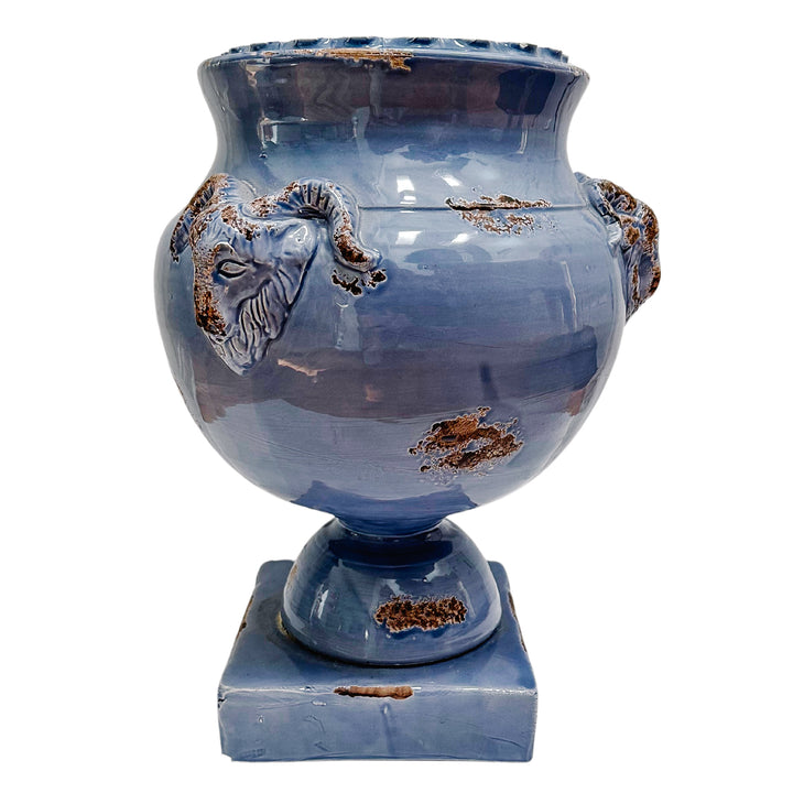 Italian Glazed Pedestal Planter With Ram Heads