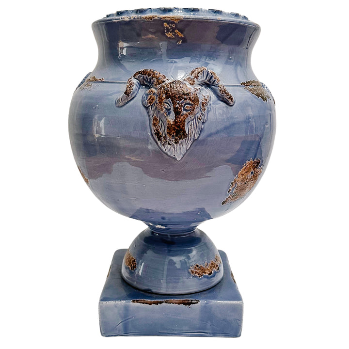 Italian Glazed Pedestal Planter With Ram Heads