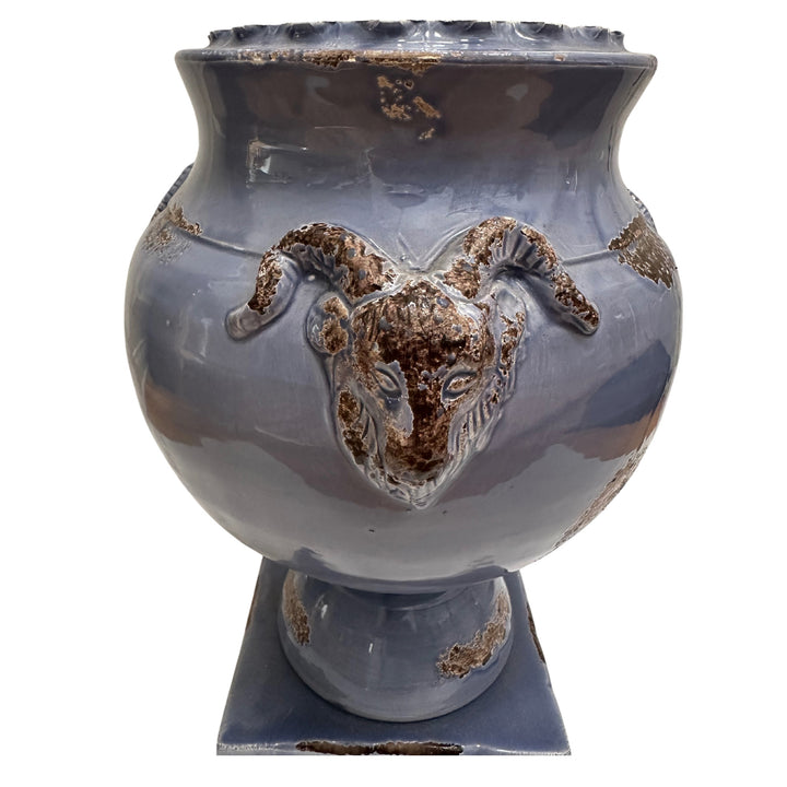 Italian Glazed Pedestal Planter With Ram Heads