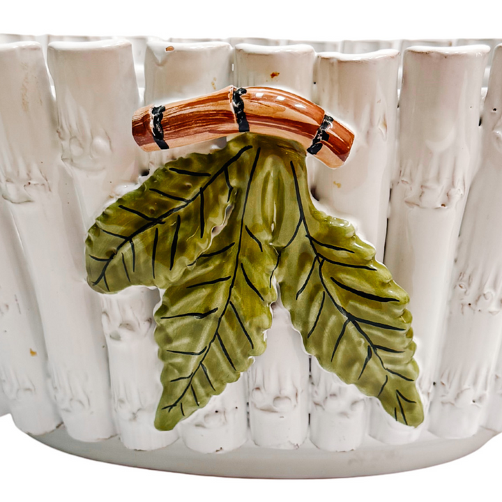Italian Glazed Terracotta Faux Bamboo Stalk Oval Planter