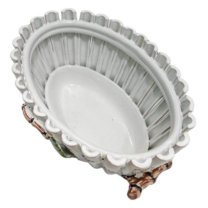 Italian Glazed Terracotta Faux Bamboo Stalk Oval Planter