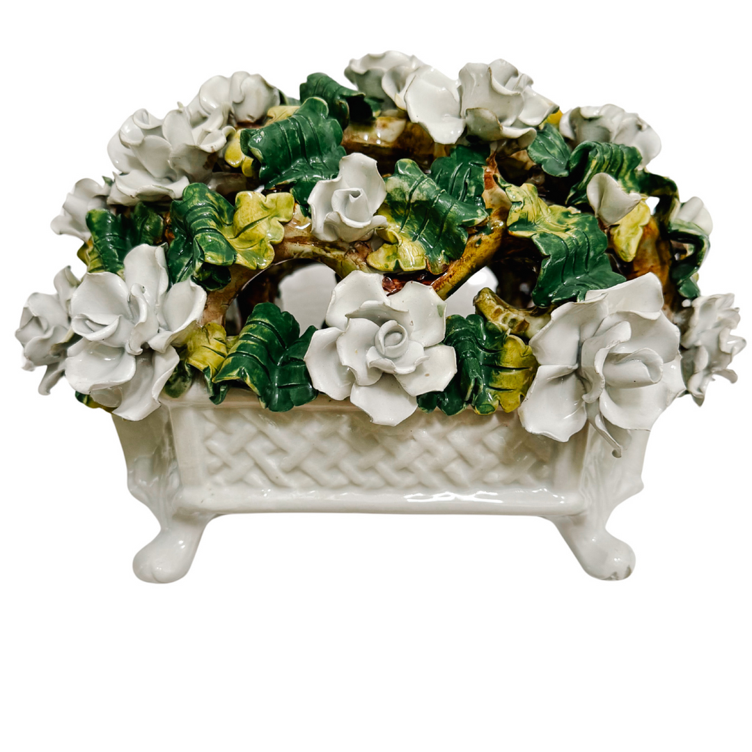 Italian Majolica White Roses Basket Topiary Centerpiece