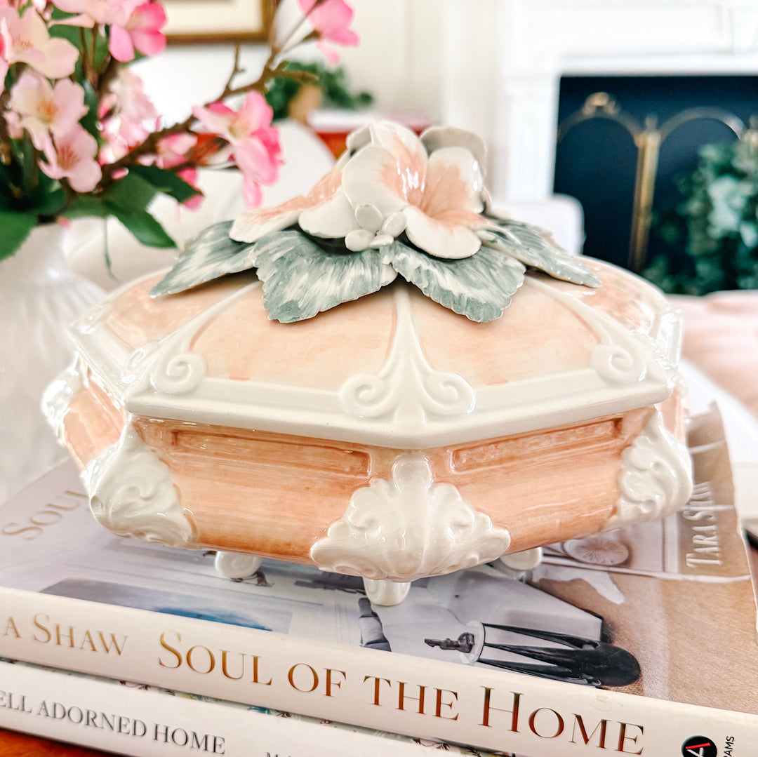Italian Porcelain Pink Hibiscus Covered Dish