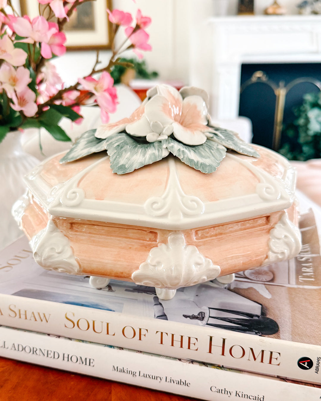 Italian Porcelain Pink Hibiscus Covered Dish