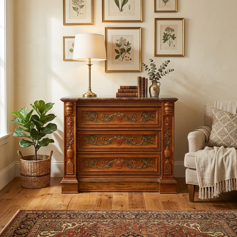 Italian Renaissance Revival Carved 3-Drawer Chest With Marble Top by Pulaski