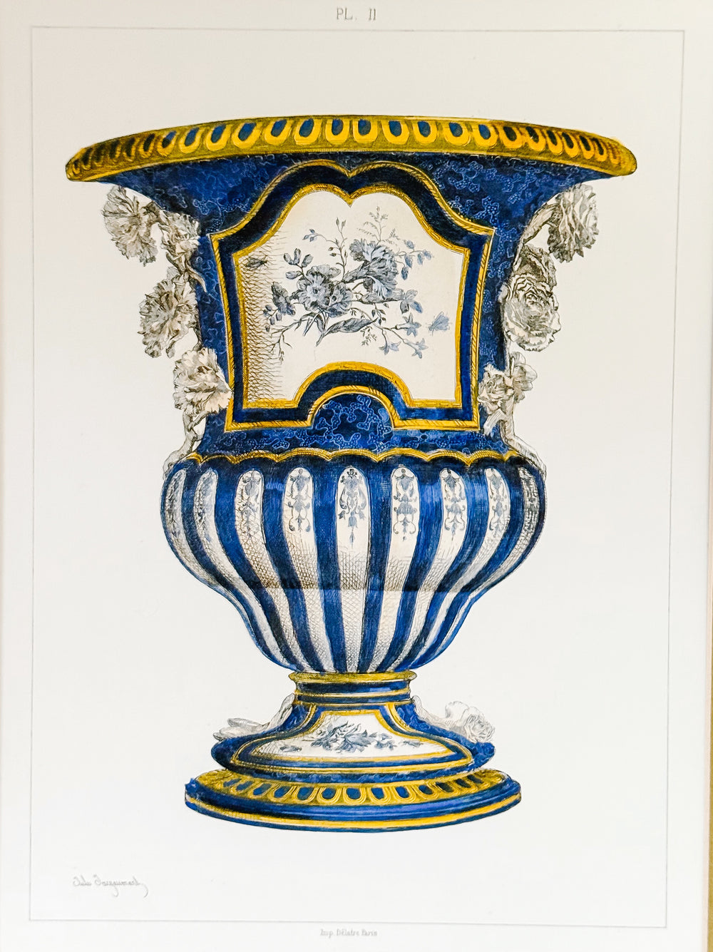 Jules Jacquemart French Cromolithograph of a Cobalt Blue Urn