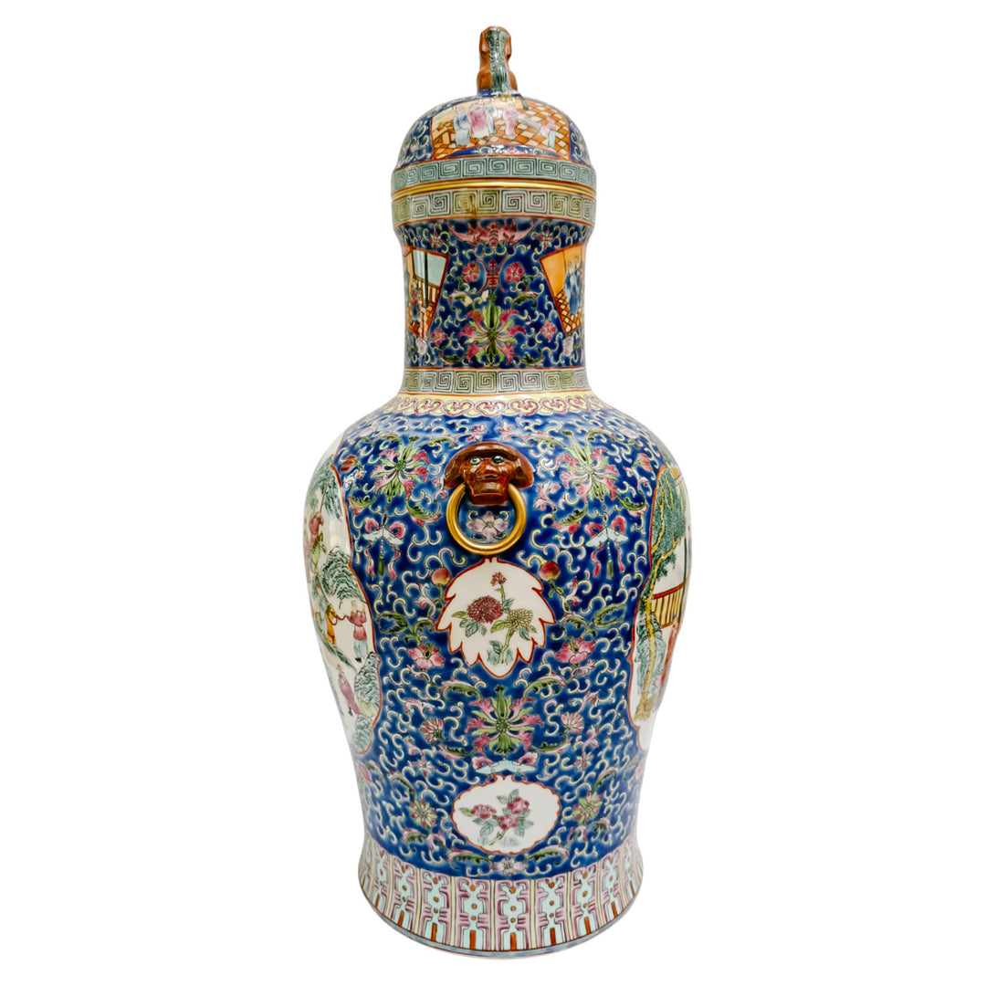 Exquisite Pair of Large 21" Chinese Famille Rose Medallion Porcelain Palace Jars with Foo Dog Lids