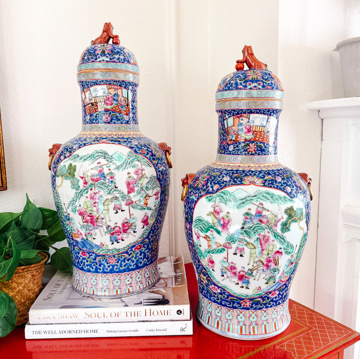 Exquisite Pair of Large 21" Chinese Famille Rose Medallion Porcelain Palace Jars with Foo Dog Lids