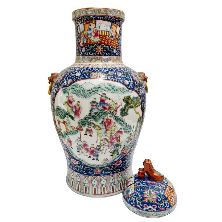 Exquisite Pair of Large 21" Chinese Famille Rose Medallion Porcelain Palace Jars with Foo Dog Lids