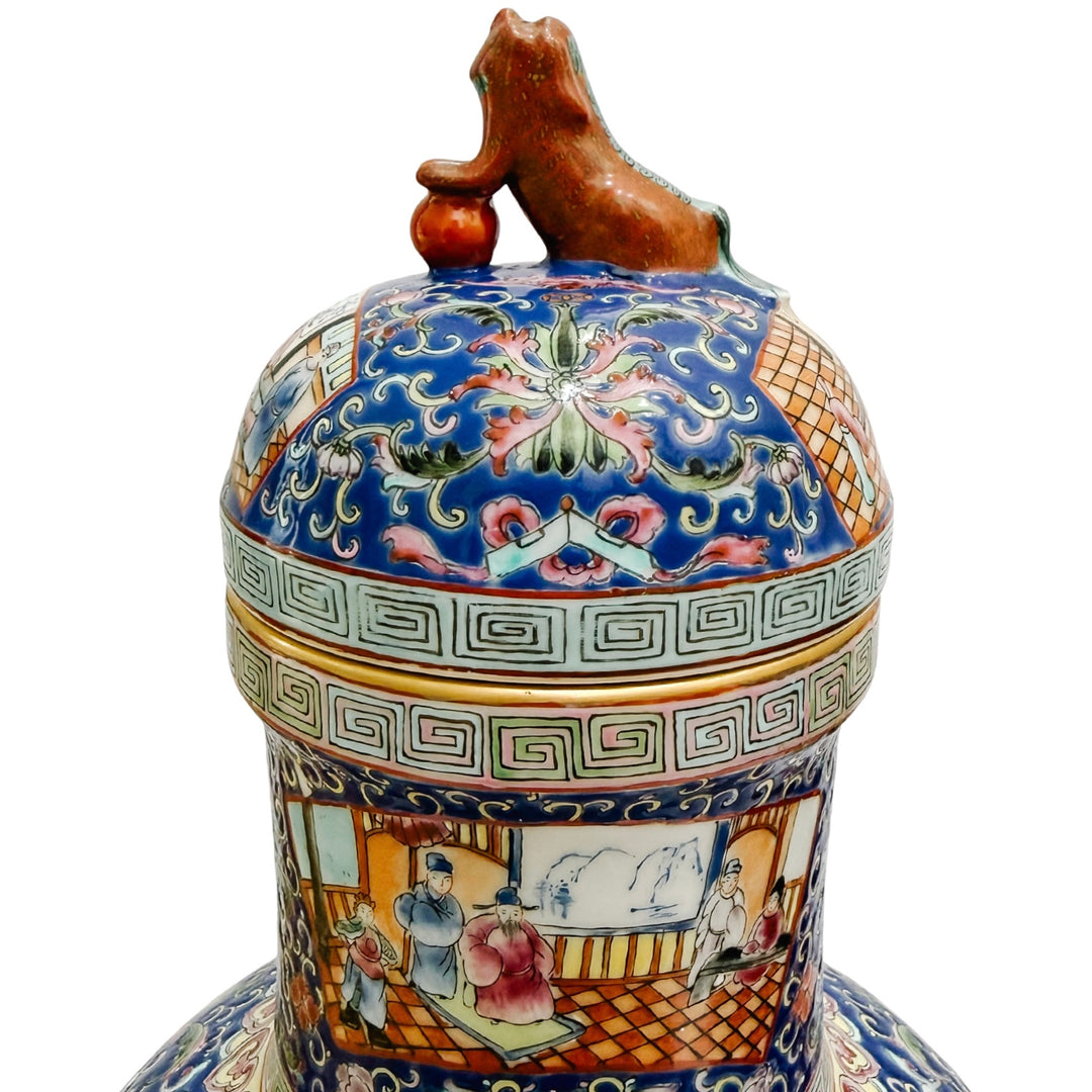Exquisite Pair of Large 21" Chinese Famille Rose Medallion Porcelain Palace Jars with Foo Dog Lids