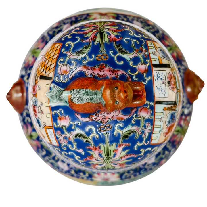 Exquisite Pair of Large 21" Chinese Famille Rose Medallion Porcelain Palace Jars with Foo Dog Lids