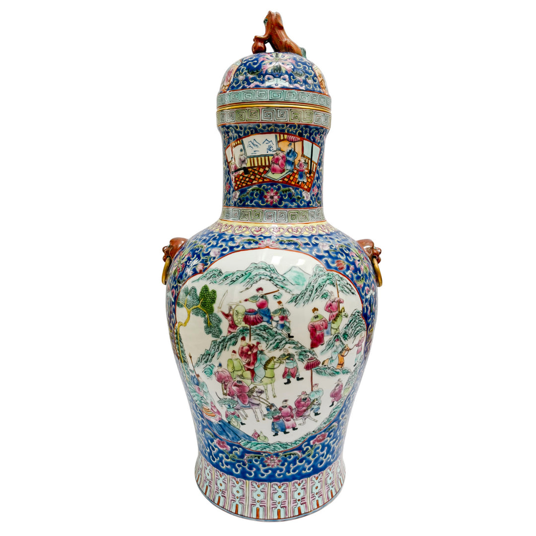 Exquisite Pair of Large 21" Chinese Famille Rose Medallion Porcelain Palace Jars with Foo Dog Lids