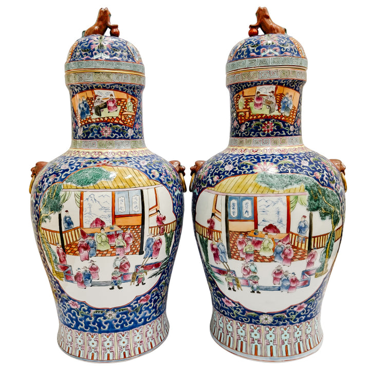 Exquisite Pair of Large 21" Chinese Famille Rose Medallion Porcelain Palace Jars with Foo Dog Lids