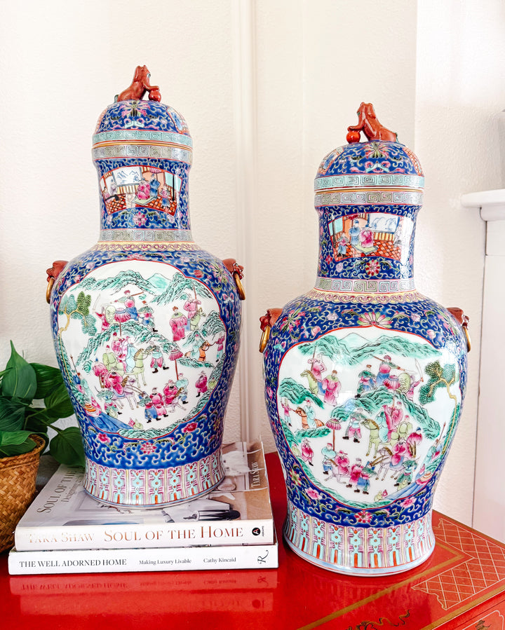 Exquisite Pair of Large 21" Chinese Famille Rose Medallion Porcelain Palace Jars with Foo Dog Lids