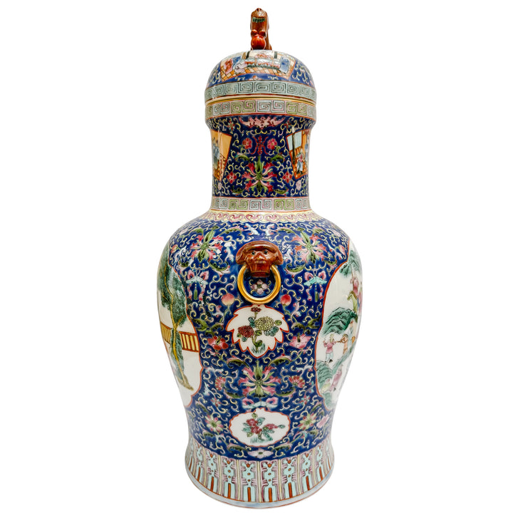 Exquisite Pair of Large 21" Chinese Famille Rose Medallion Porcelain Palace Jars with Foo Dog Lids