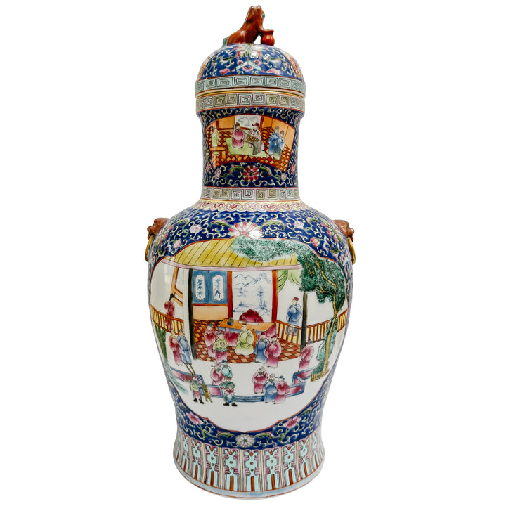 Exquisite Pair of Large 21" Chinese Famille Rose Medallion Porcelain Palace Jars with Foo Dog Lids