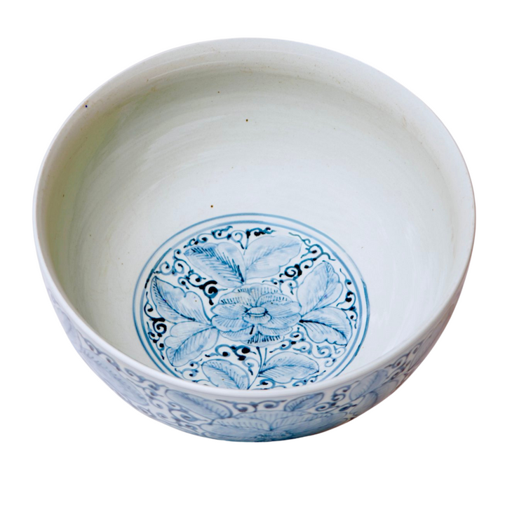 Large Chinese Blue & White Stylized Roses Punch Bowl