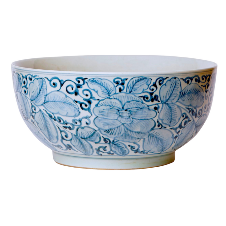 Large Chinese Blue & White Stylized Roses Punch Bowl