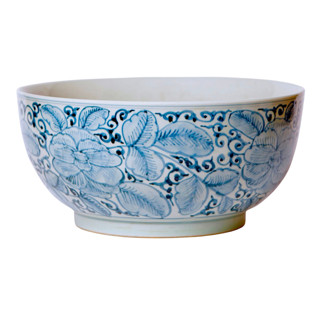 Large Chinese Blue & White Stylized Roses Punch Bowl