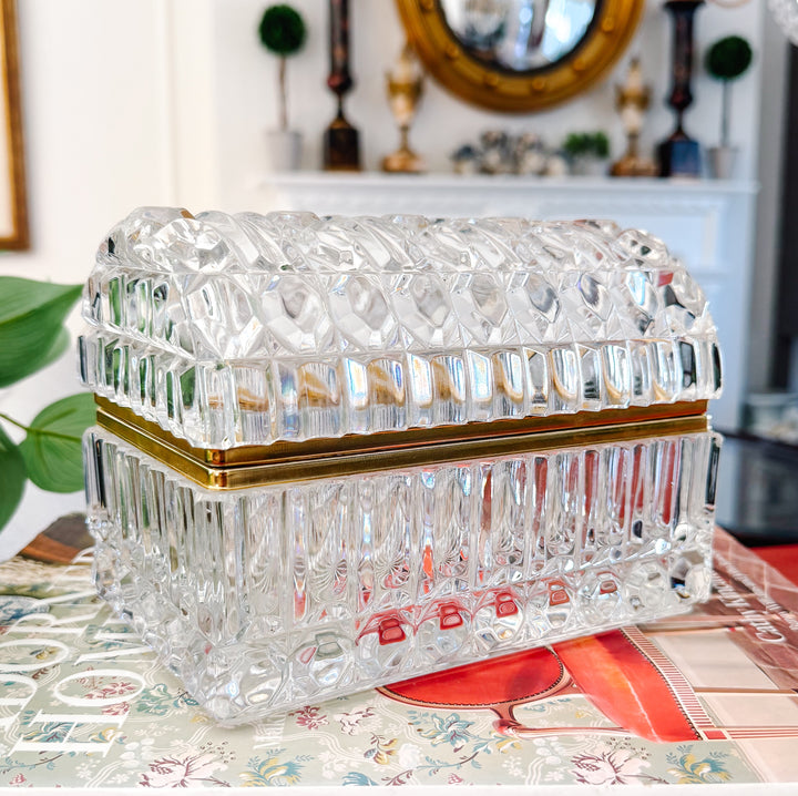 Large Baccarat Style Domed Crystal Casket Box With Brass Frame