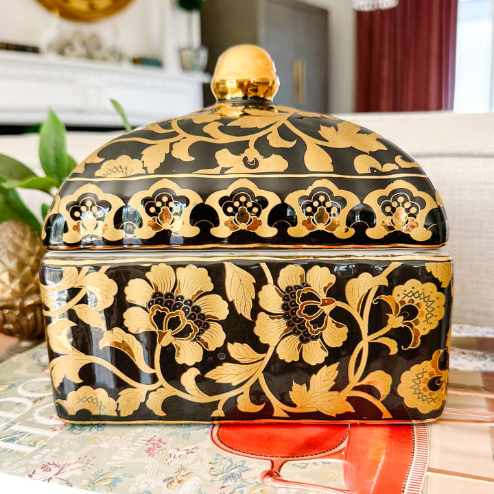 Large Black & Gold Chinoiserie Lidded Porcelain Box