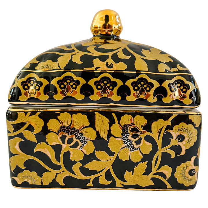 Large Black & Gold Chinoiserie Lidded Porcelain Box