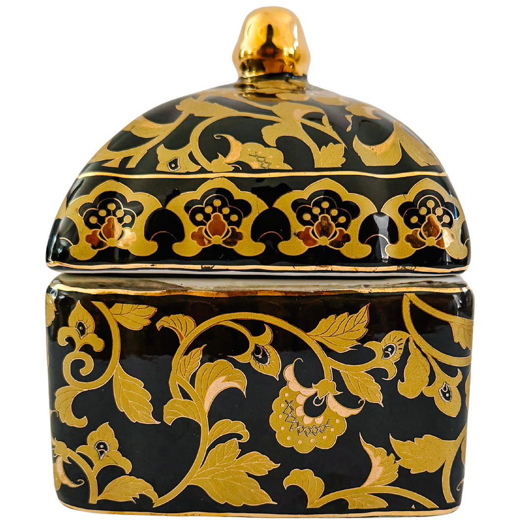 Large Black & Gold Chinoiserie Lidded Porcelain Box