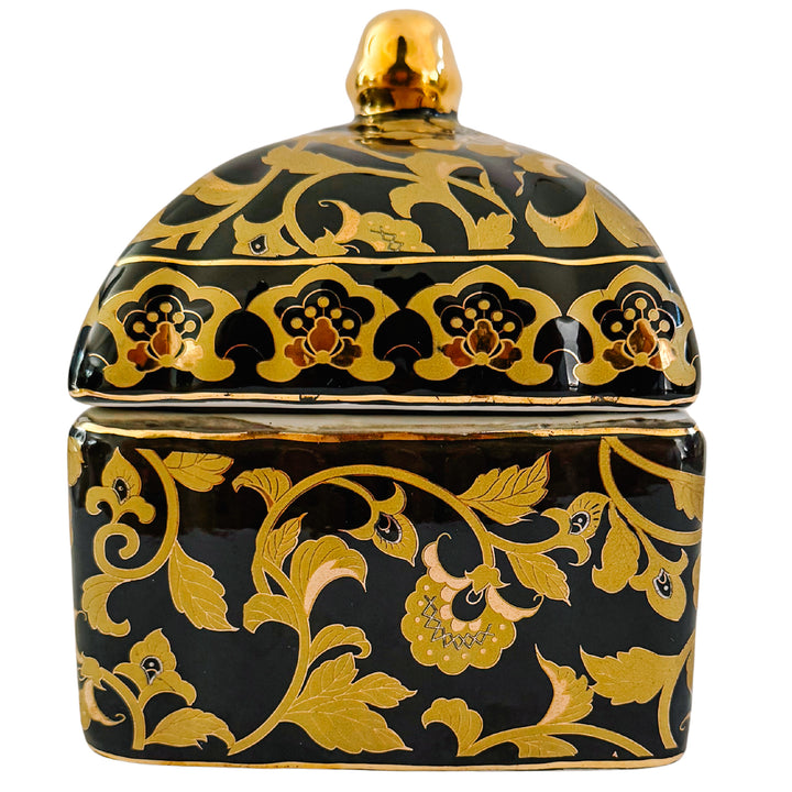 Large Black & Gold Chinoiserie Lidded Porcelain Box