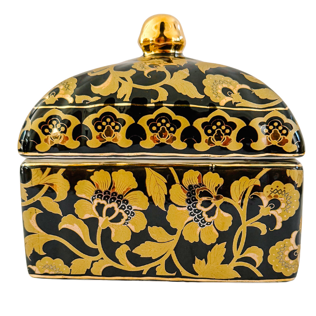 Large Black & Gold Chinoiserie Lidded Porcelain Box
