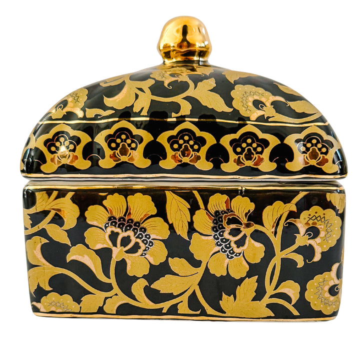 Large Black & Gold Chinoiserie Lidded Porcelain Box