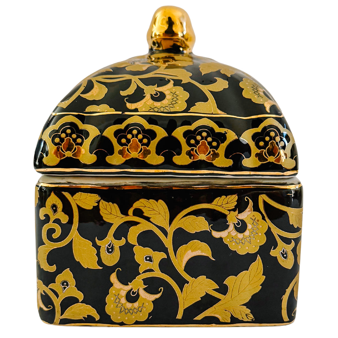 Large Black & Gold Chinoiserie Lidded Porcelain Box