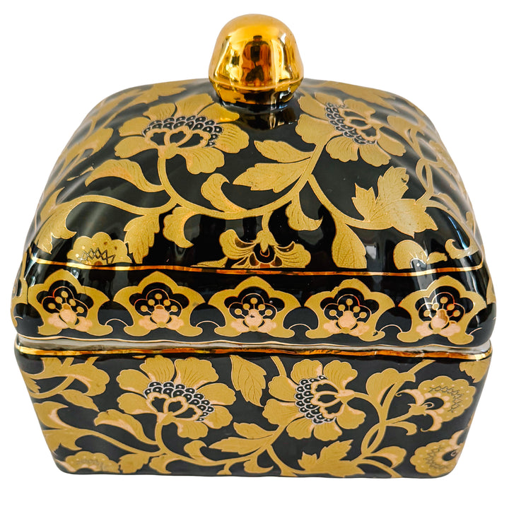 Large Black & Gold Chinoiserie Lidded Porcelain Box