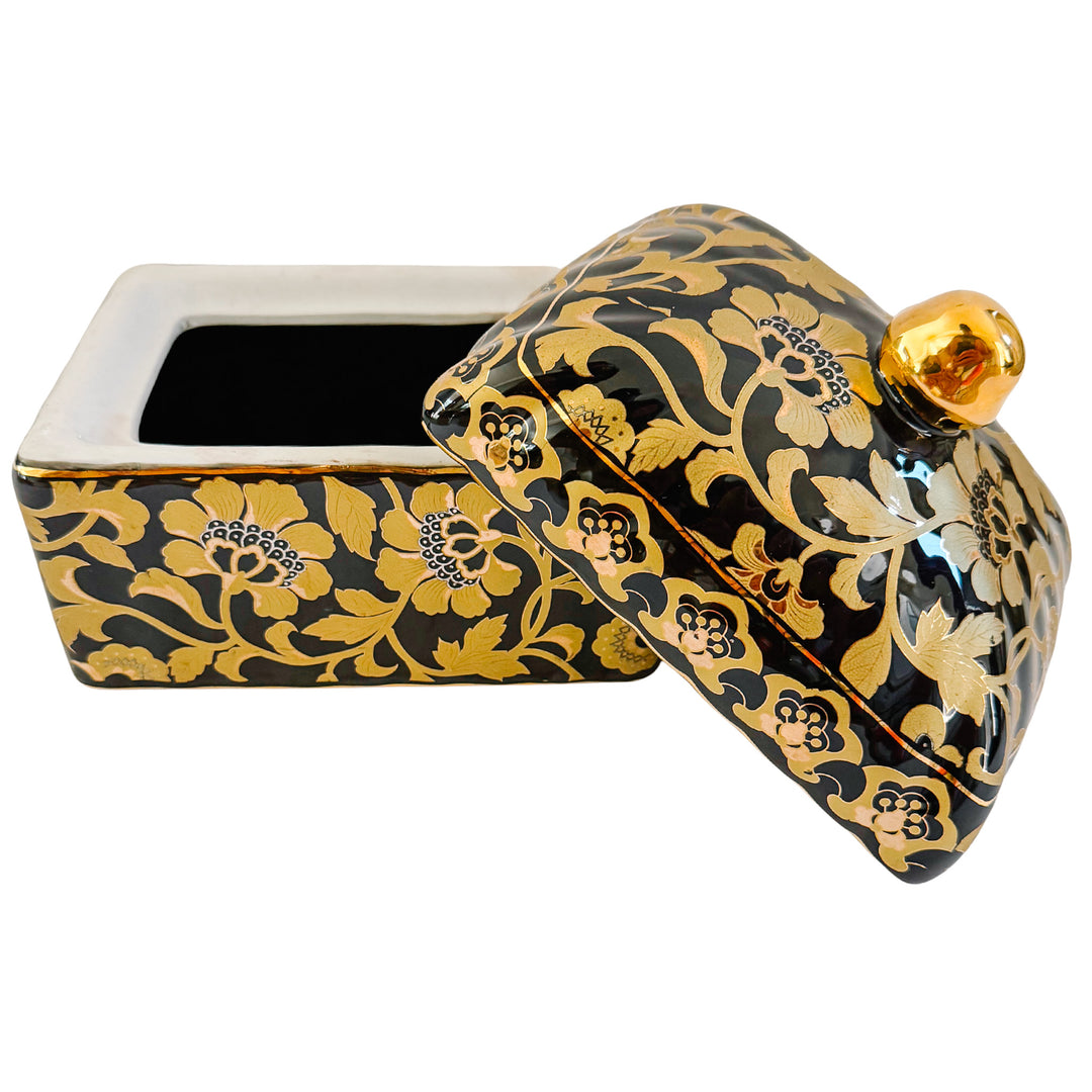 Large Black & Gold Chinoiserie Lidded Porcelain Box