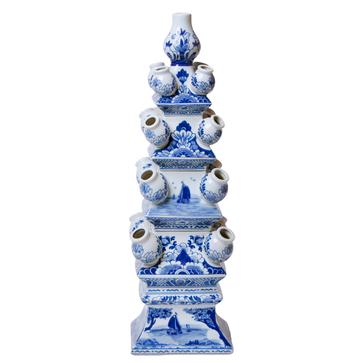 Large Blue & White 4 Tier Delft Style Tulipiere Vase