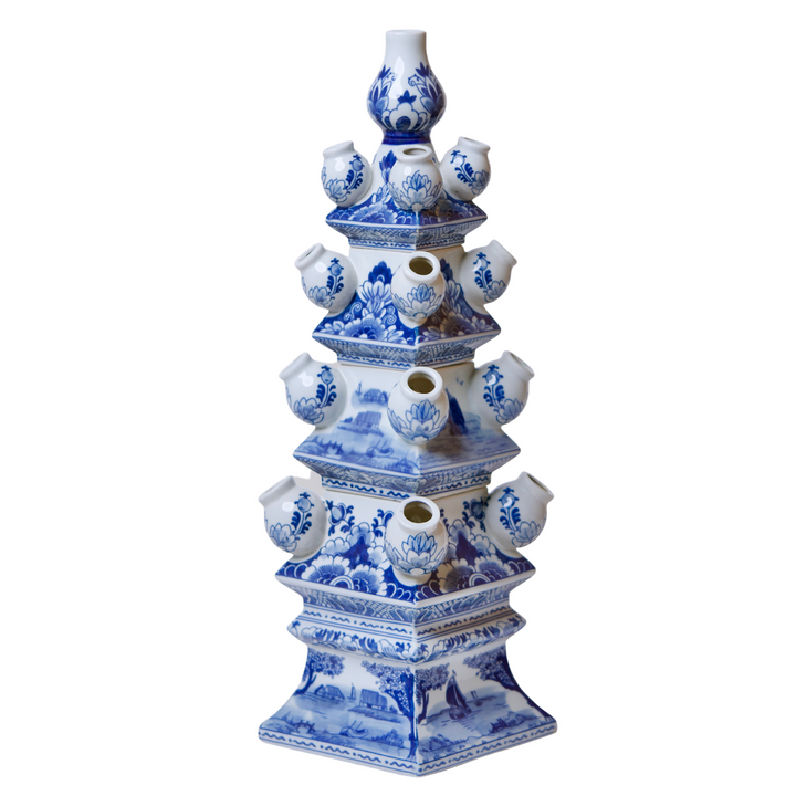 Large Blue & White 4 Tier Delft Style Tulipiere Vase