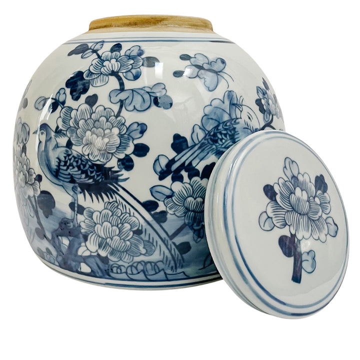 Large Blue & White Chinoiserie Floral Bird Ming Jar