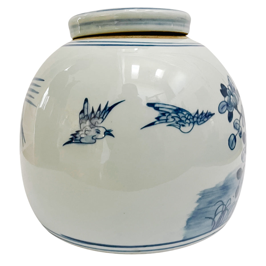 Large Blue & White Chinoiserie Floral Bird Ming Jar