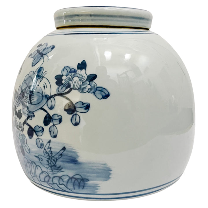 Large Blue & White Chinoiserie Floral Bird Ming Jar