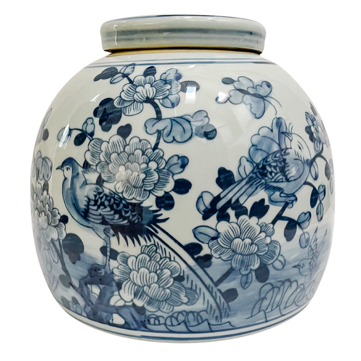 Large Blue & White Chinoiserie Floral Bird Ming Jar