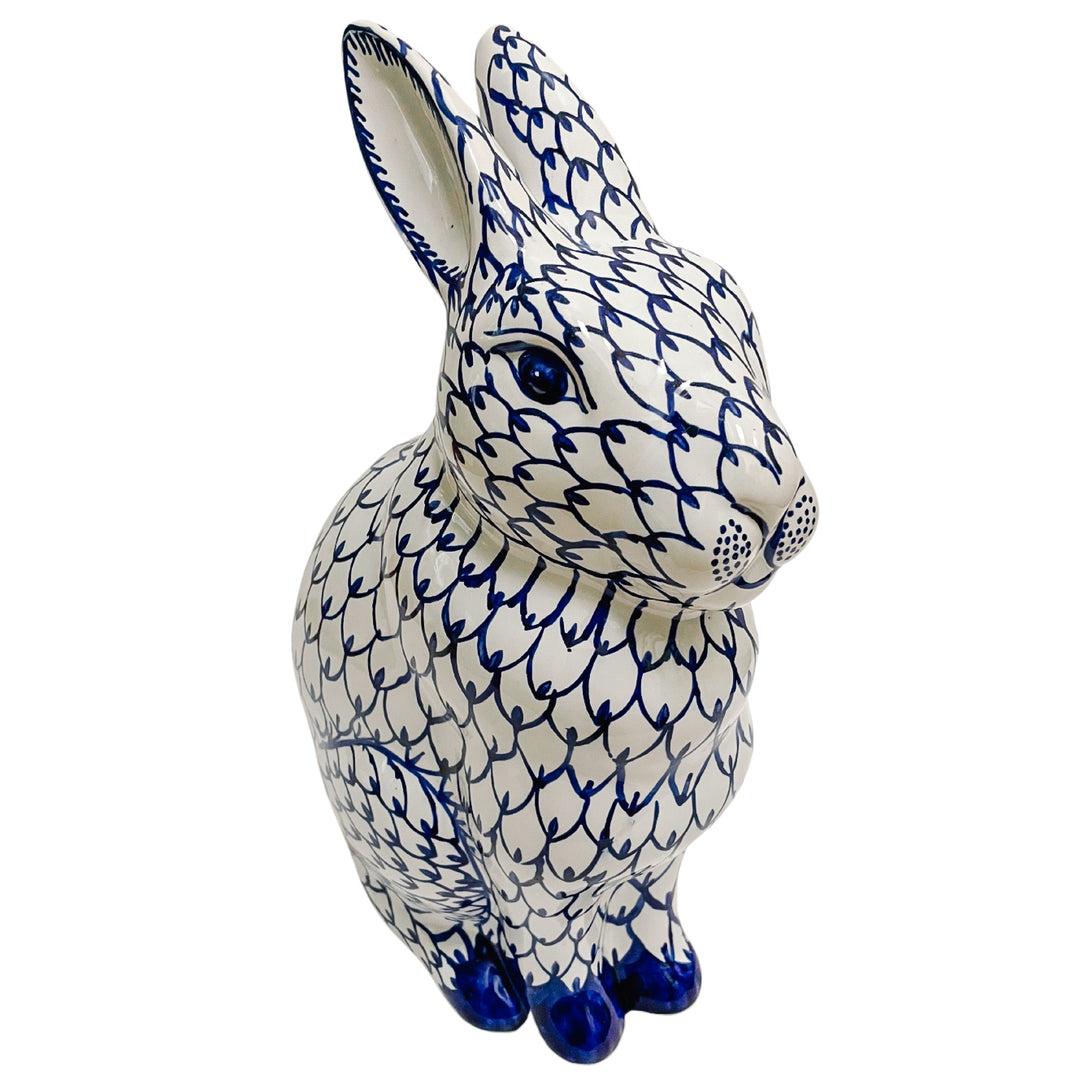 Large Blue & White Fishnet Porcelain Bunny Rabbit