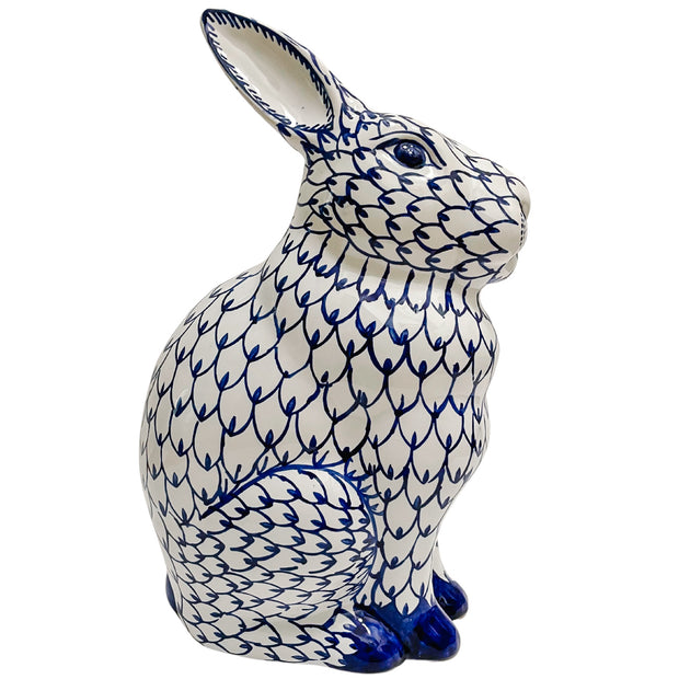 Large Blue & White Fishnet Porcelain Bunny Rabbit