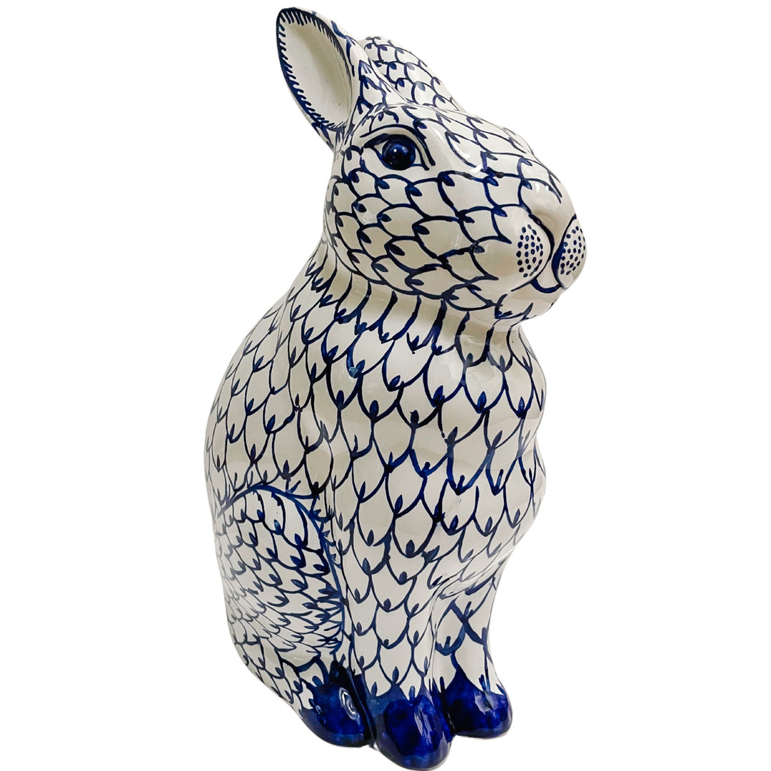 Large Blue & White Fishnet Porcelain Bunny Rabbit