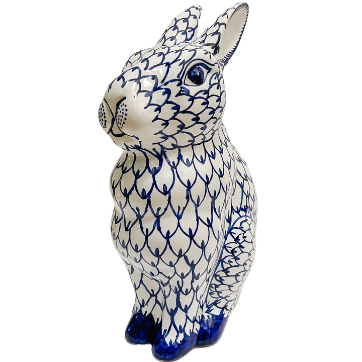 Large Blue & White Fishnet Porcelain Bunny Rabbit