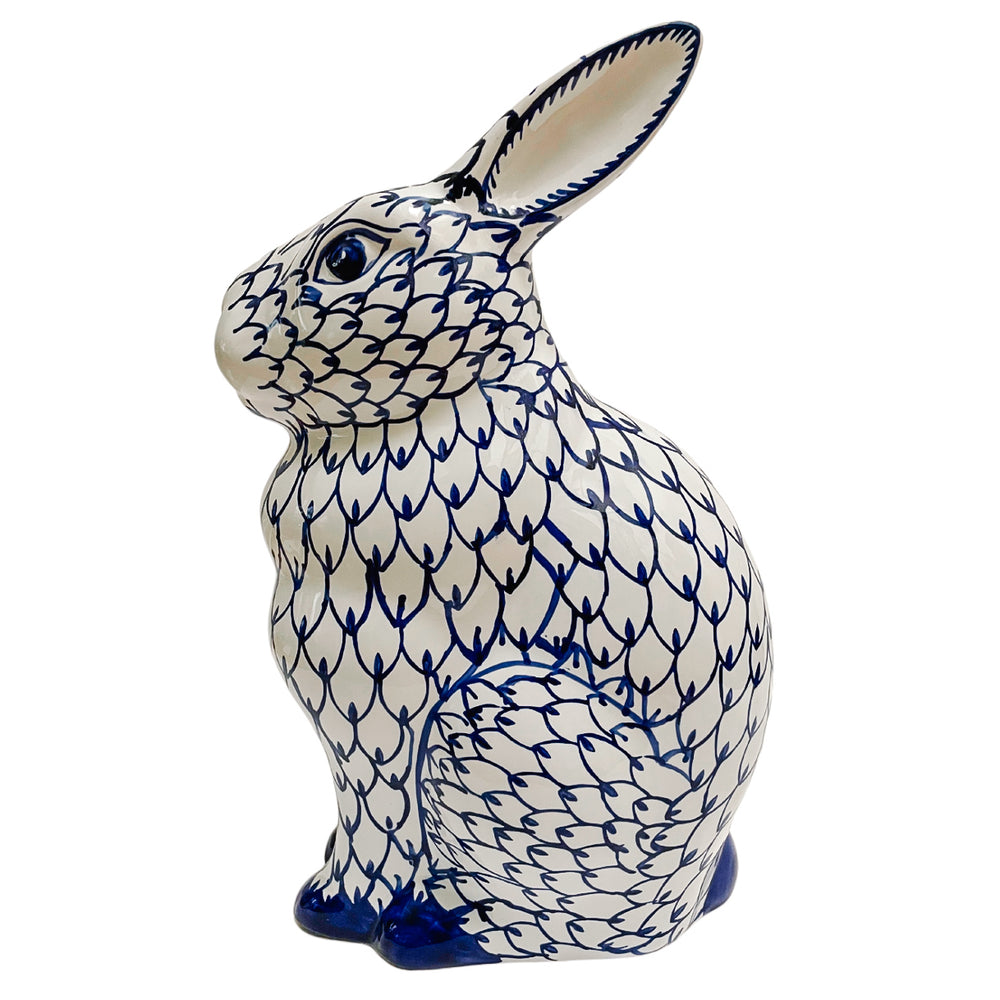 Large Blue & White Fishnet Porcelain Bunny Rabbit