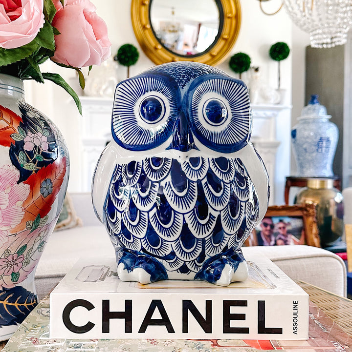 Large Blue & White Porcelain Fishnet Owl