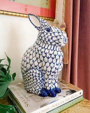 X-Large Blue & White Fishnet Porcelain Bunny Rabbit