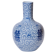 Large Chinese Blue & White Double Happiness Flower Vase