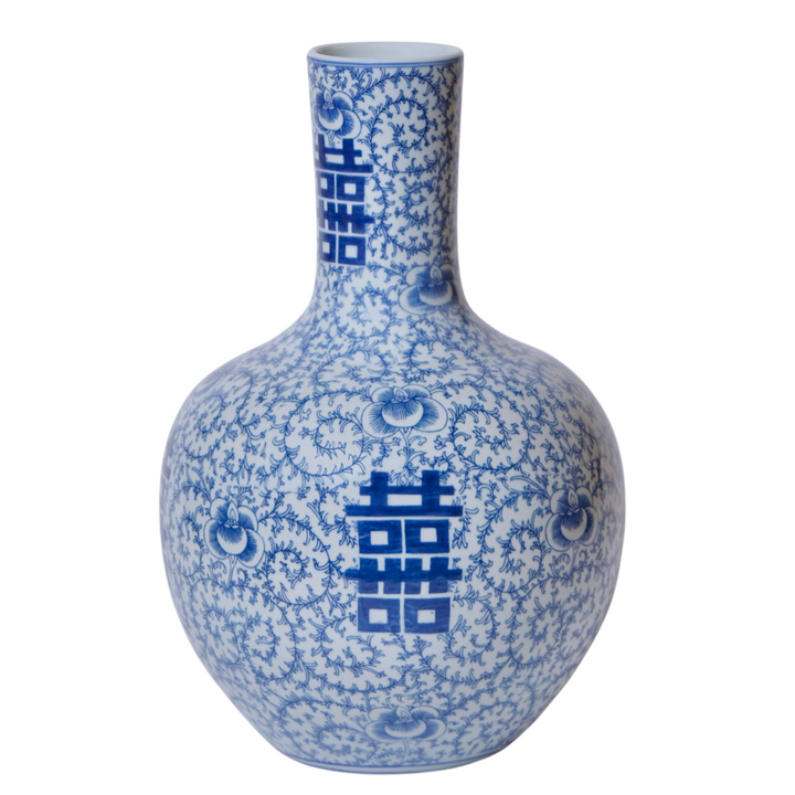 Large Chinese Blue & White Double Happiness Flower Vase